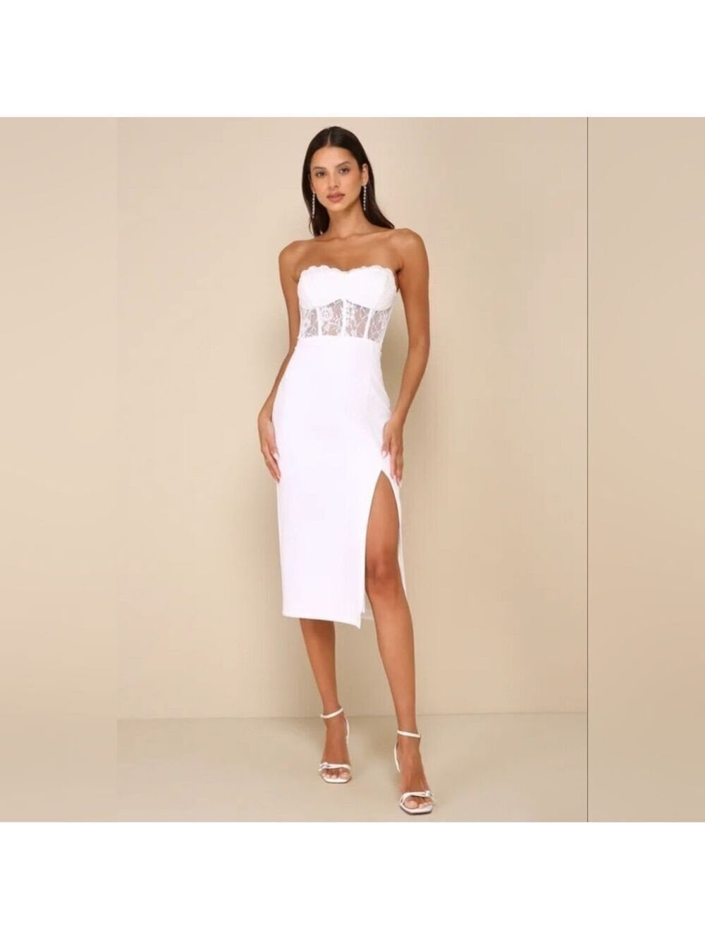 Lulus - Exquisitely Sultry White Lace Strapless Bustier Midi Dress